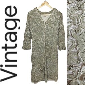 Vintage Early 70’s Sage Green Netting Embroidered Ribbon Shift Dress